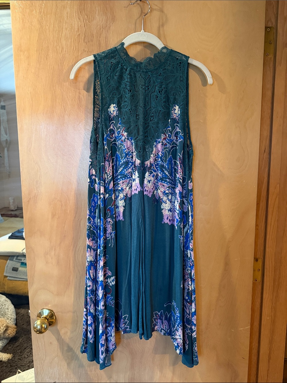 Free People Teal Floral Lace-Accent Dress